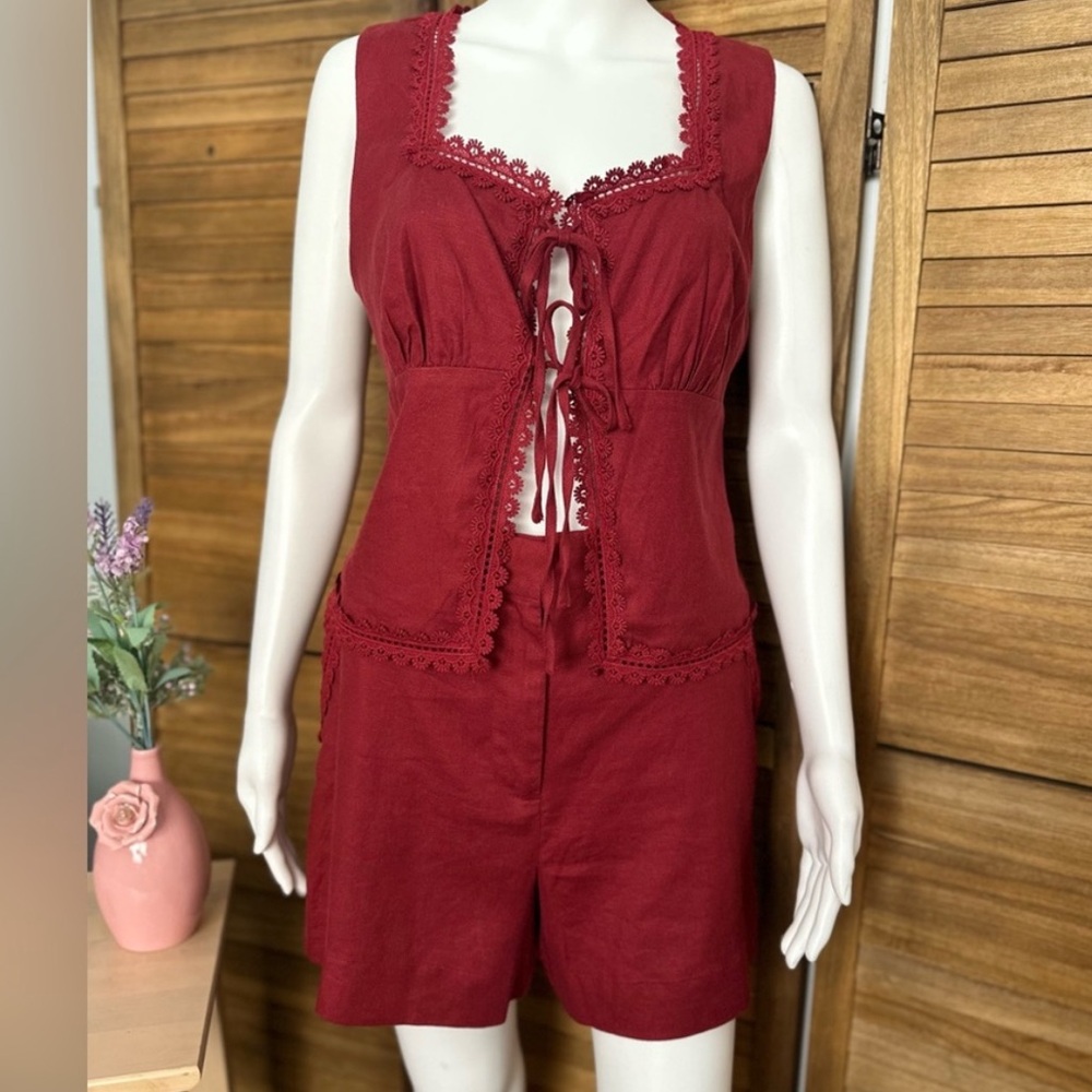 Burgundy short set with tie front top